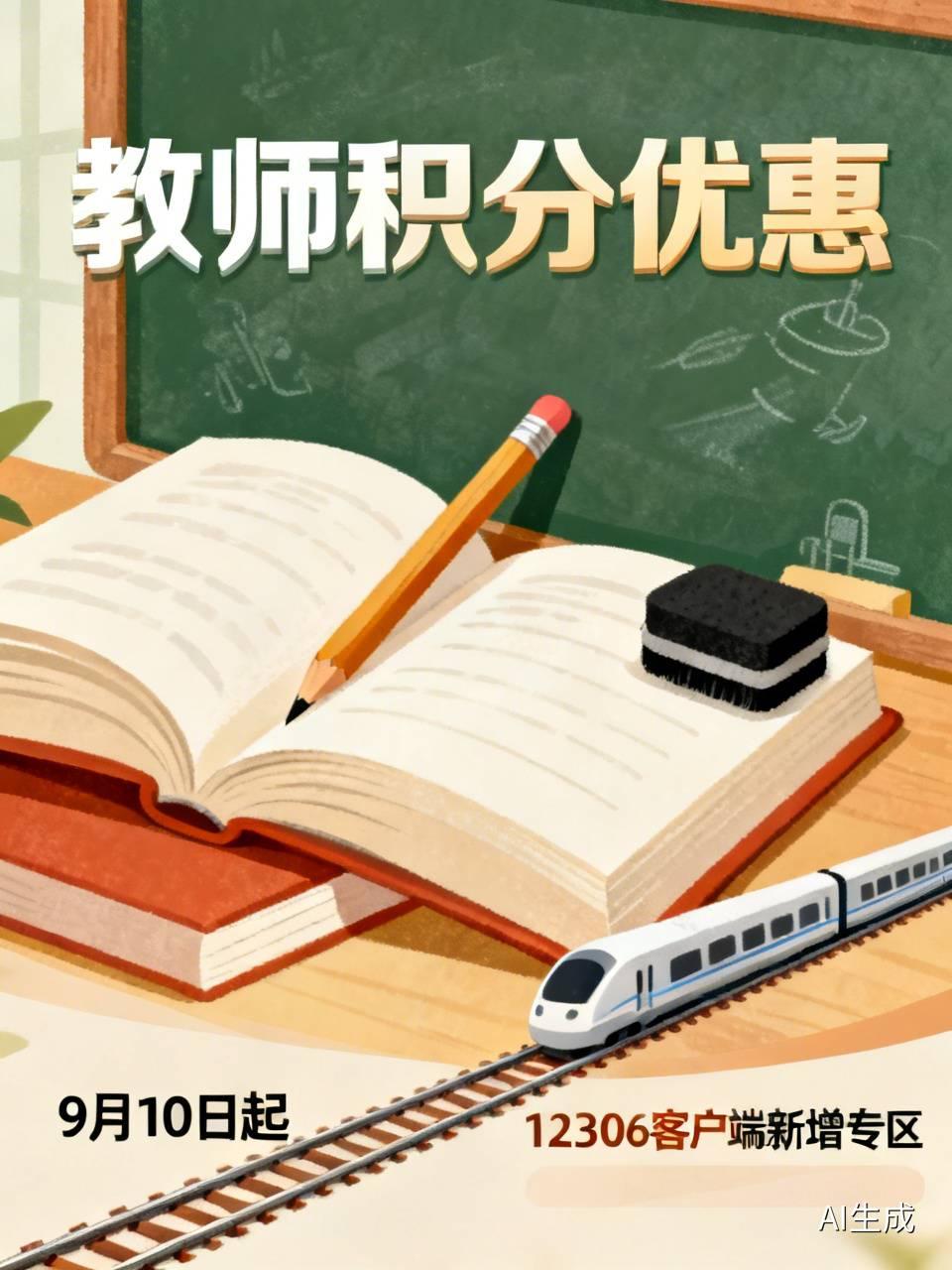 12306这次搞的教师积分优惠挺不错啊！从9月10日起，铁路部门在“铁路畅行”常