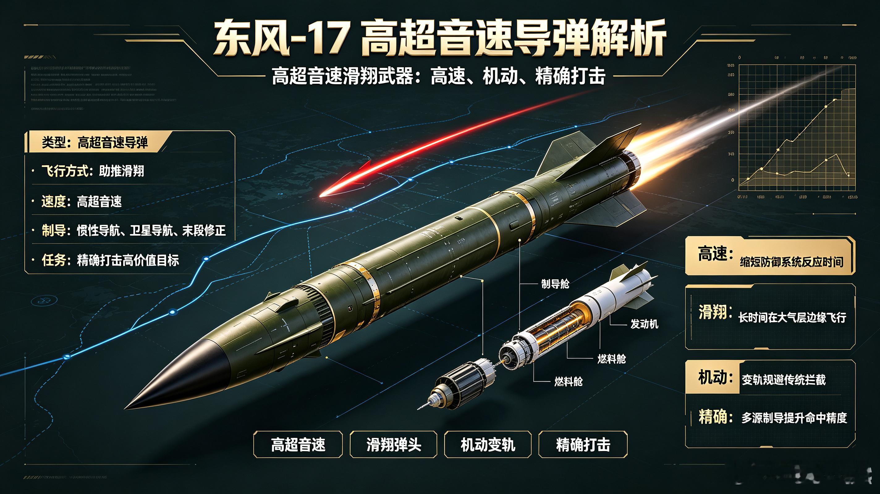 东风-17 是一款高超音速滑翔导弹，核心特点在于利用助推滑翔技术，在大气层边缘实