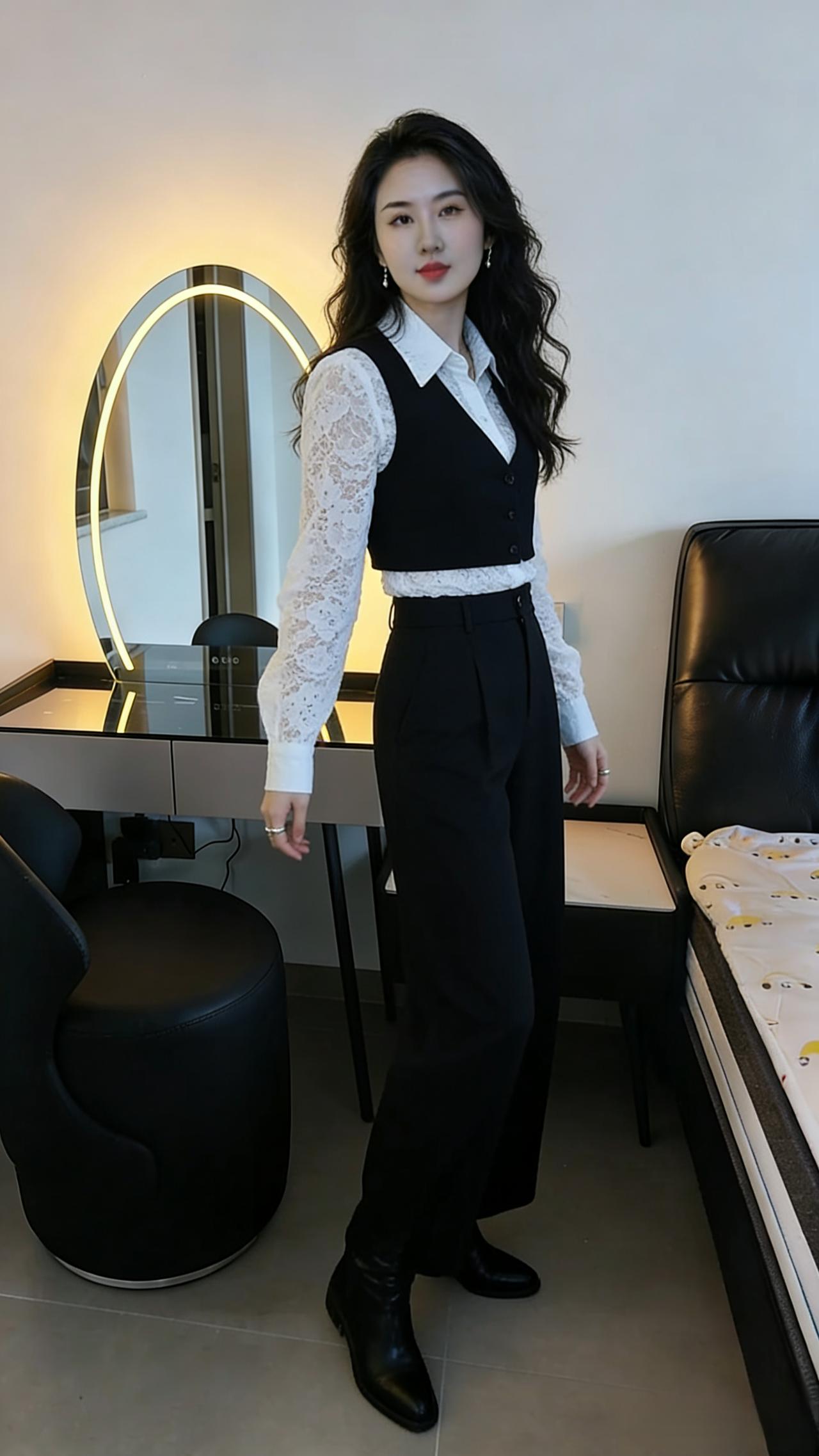 镜畔灯弧绕，衣裁黑白融。
蕾丝凝细缕，马甲束纤躬。
阔裤承云影，长靴踏晓风。
发