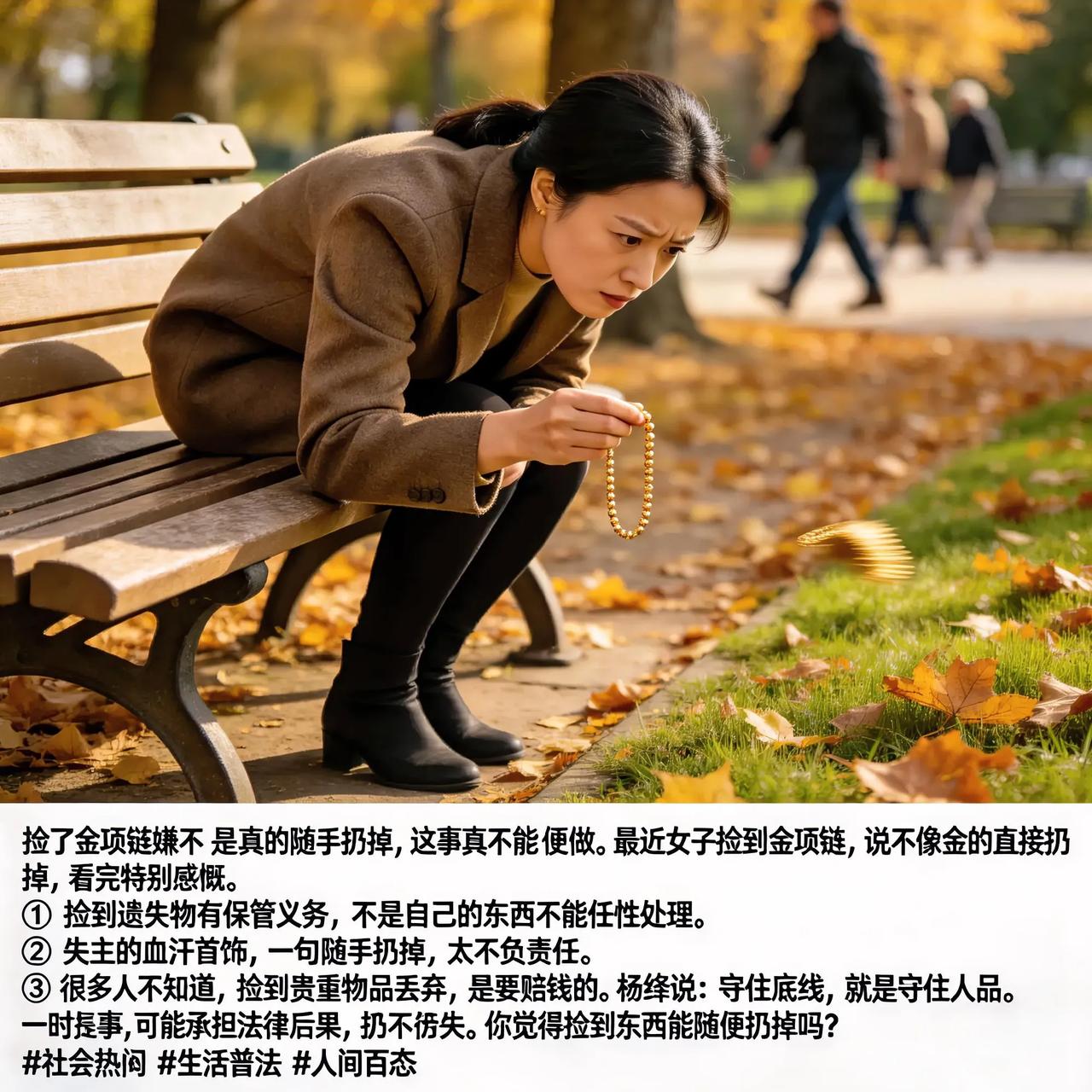 捡了金项链嫌不是真的随手扔掉，这事真不能随便做
 
最近女子捡到金项链，说不像金