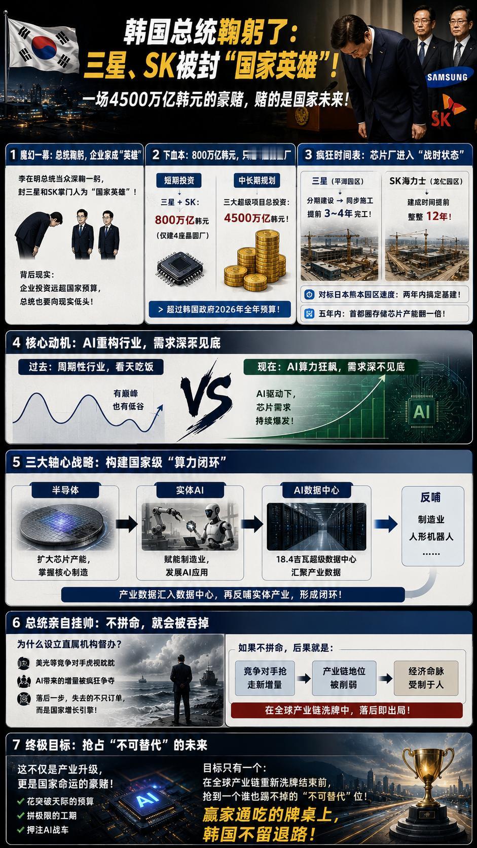 最近，韩国总统李在明在台上，对着三星和SK的掌门人深鞠一躬，当场封他们为“国家英