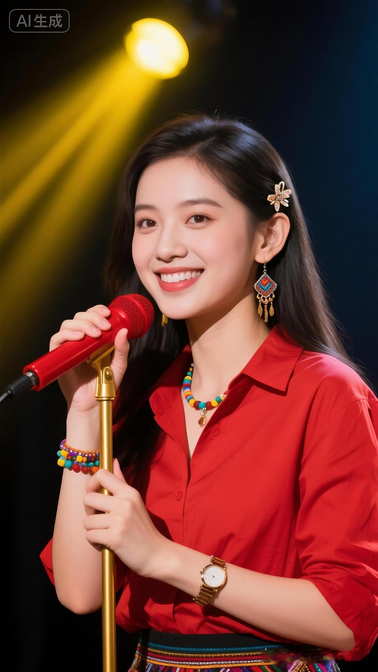 甜美笑容，红衣闪耀，舞台上的你最美！💃🎤✨