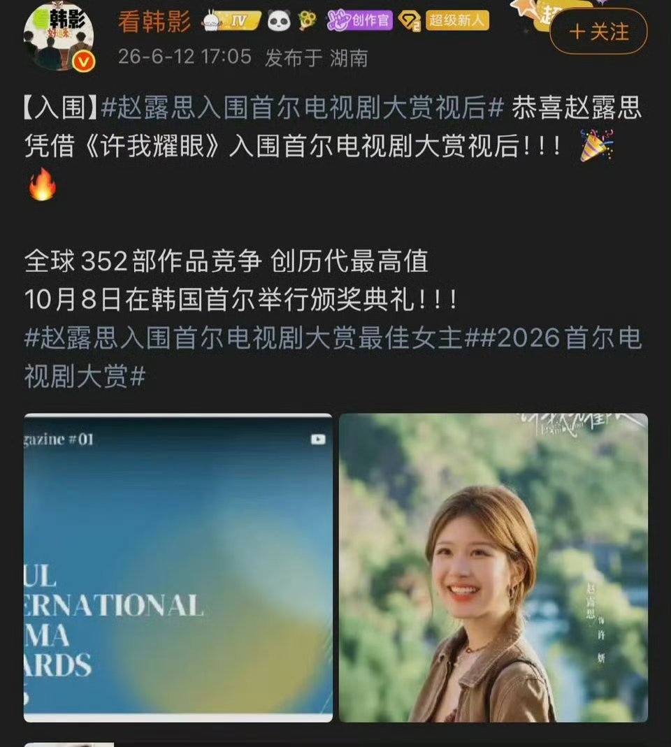 赵露思主演的许我耀眼入围首尔电视剧大奖视后！ 