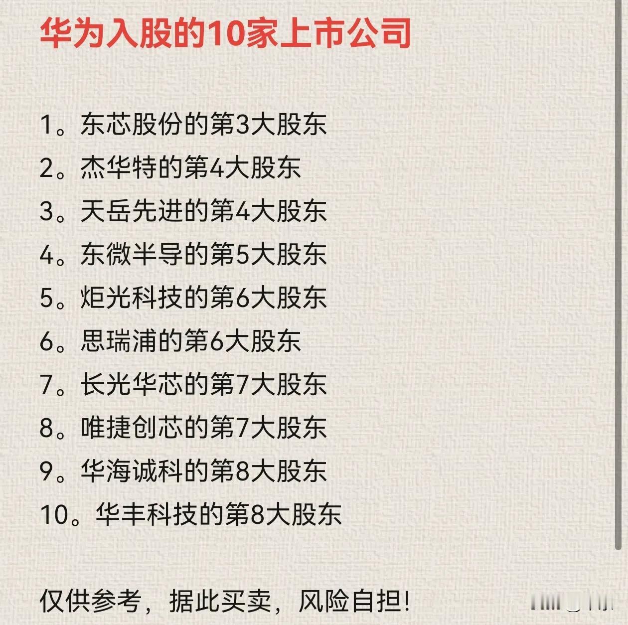华为入股的10家上市公司

以下10家上市公司均为科创板，
半导体和光刻机有关，