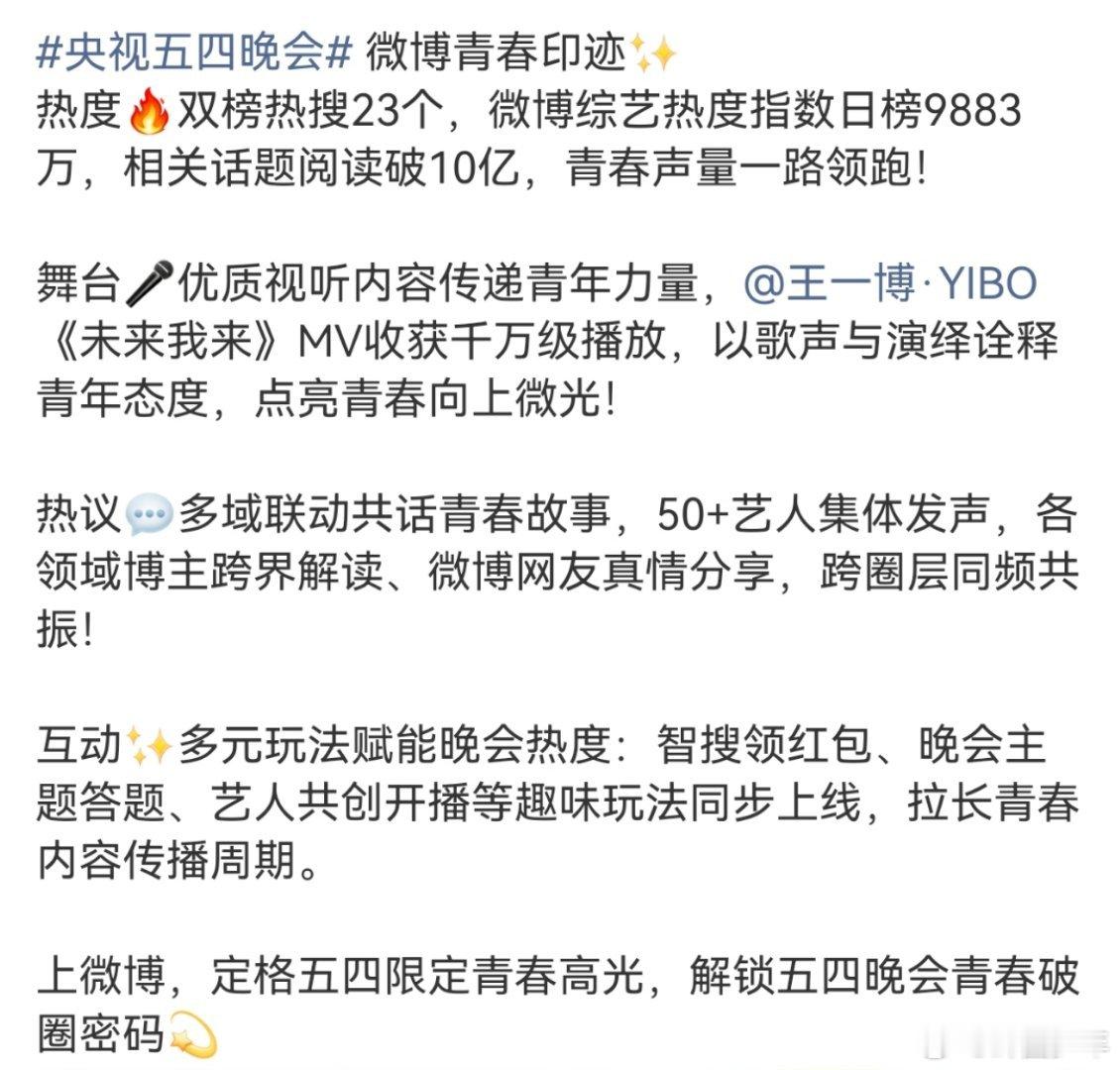 央视五四晚会战报央视五四战报央视五四晚会完整战报出炉，汇聚众多青年艺人，尽显青春