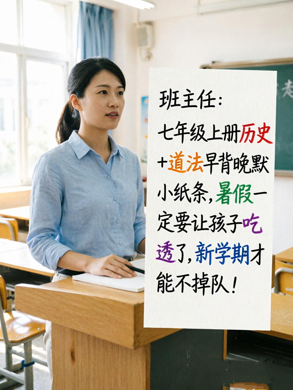 班主任：七年级上册历史+道法早背晚默小纸条，暑假一定要让孩子吃透了，新学期才能不