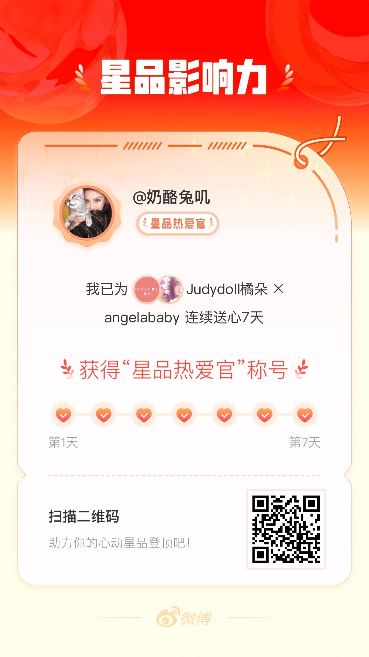 我在星品影响力上为 X 连续送心7天，获得“星品热爱官”称号！快来一起pick你