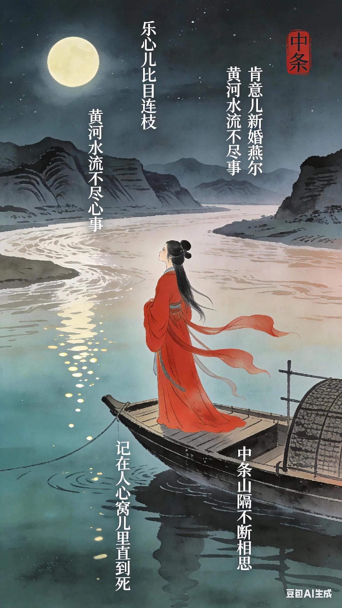 《中吕》醉高歌过红绣鞋、贾固。
乐心儿比目连枝，
肯意儿新婚燕尔。
画船开抛闪的