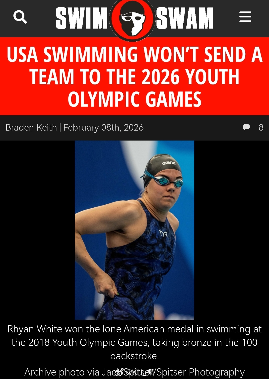 美国泳协将不派队参加今年达喀尔青奥会，但不排除美国奥委会另外招募队员参赛 