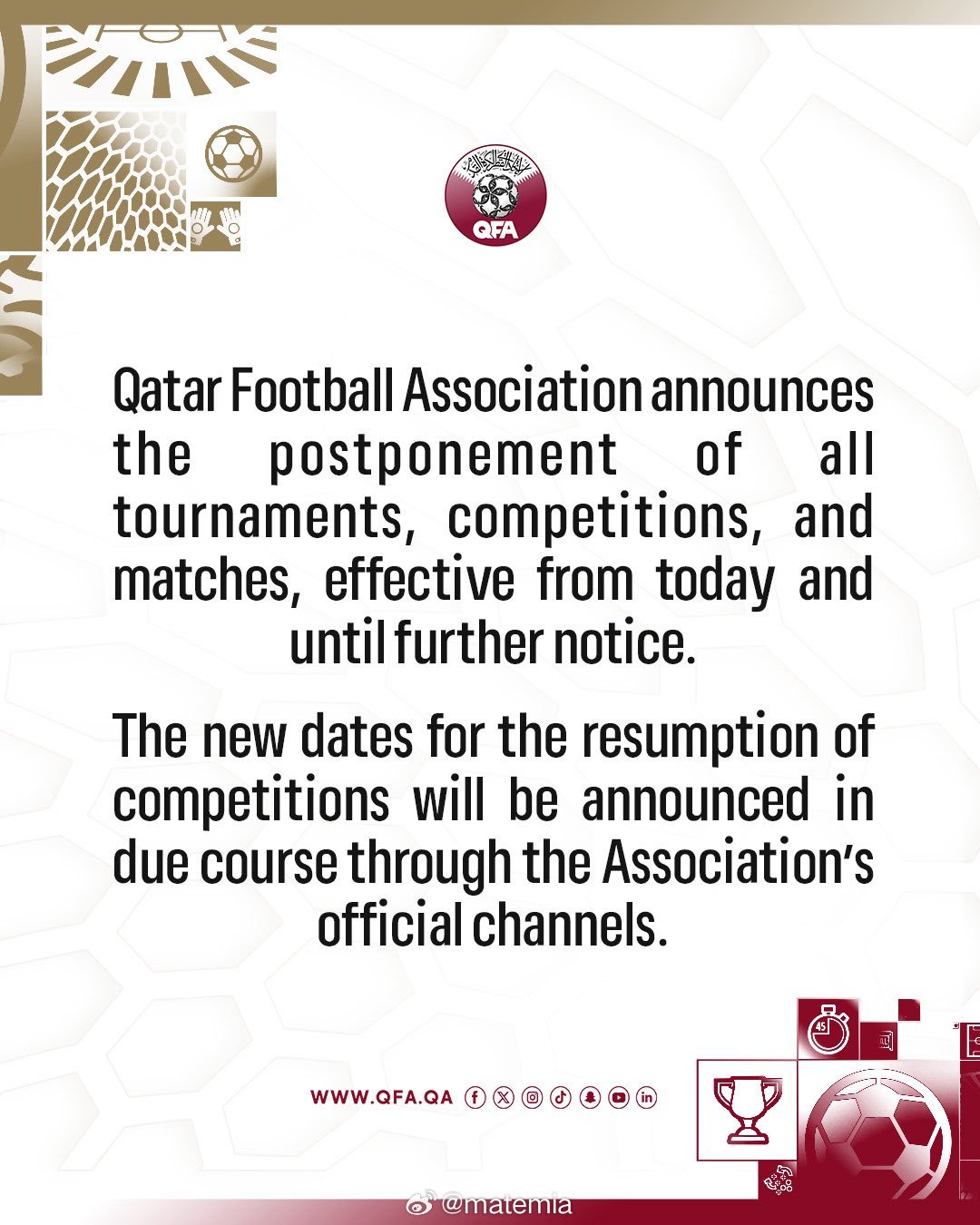 🚨🚨最新消息🚨🚨受伊朗和中东局势影响👇卡塔尔足协刚刚宣布，该国所有赛事