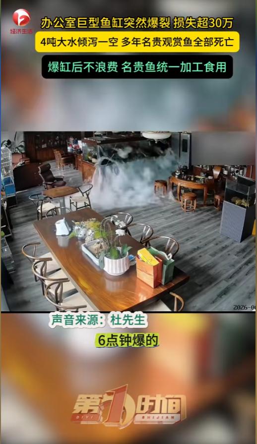 “含泪吃下去三大碗！”6月14日，江苏无锡，一间办公室里的巨型鱼缸突然间就爆裂了