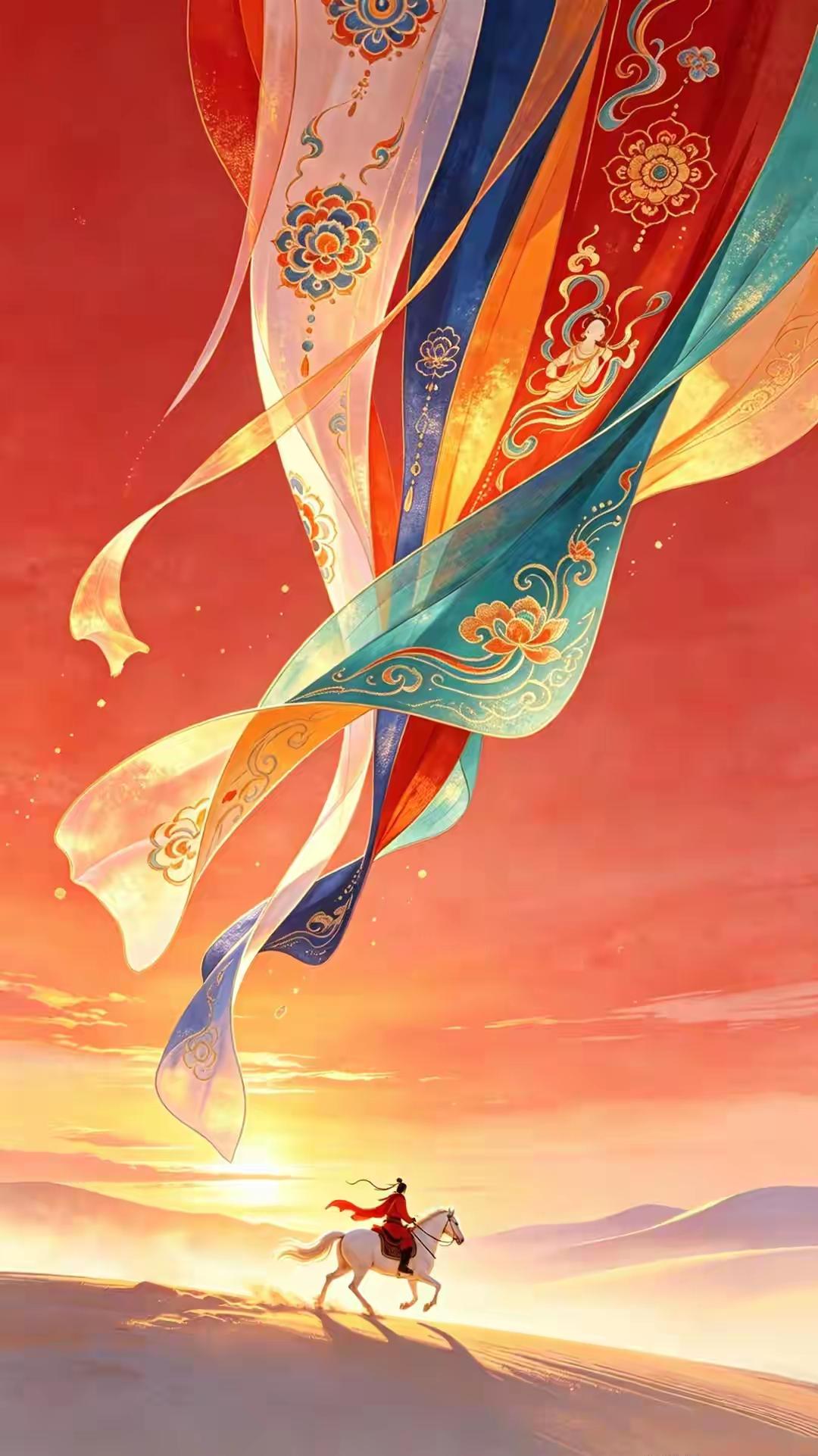 手机壁纸～策马踏云，彩带翻飞如画卷，红日暖照少年郎，这浪漫古风太戳心啦