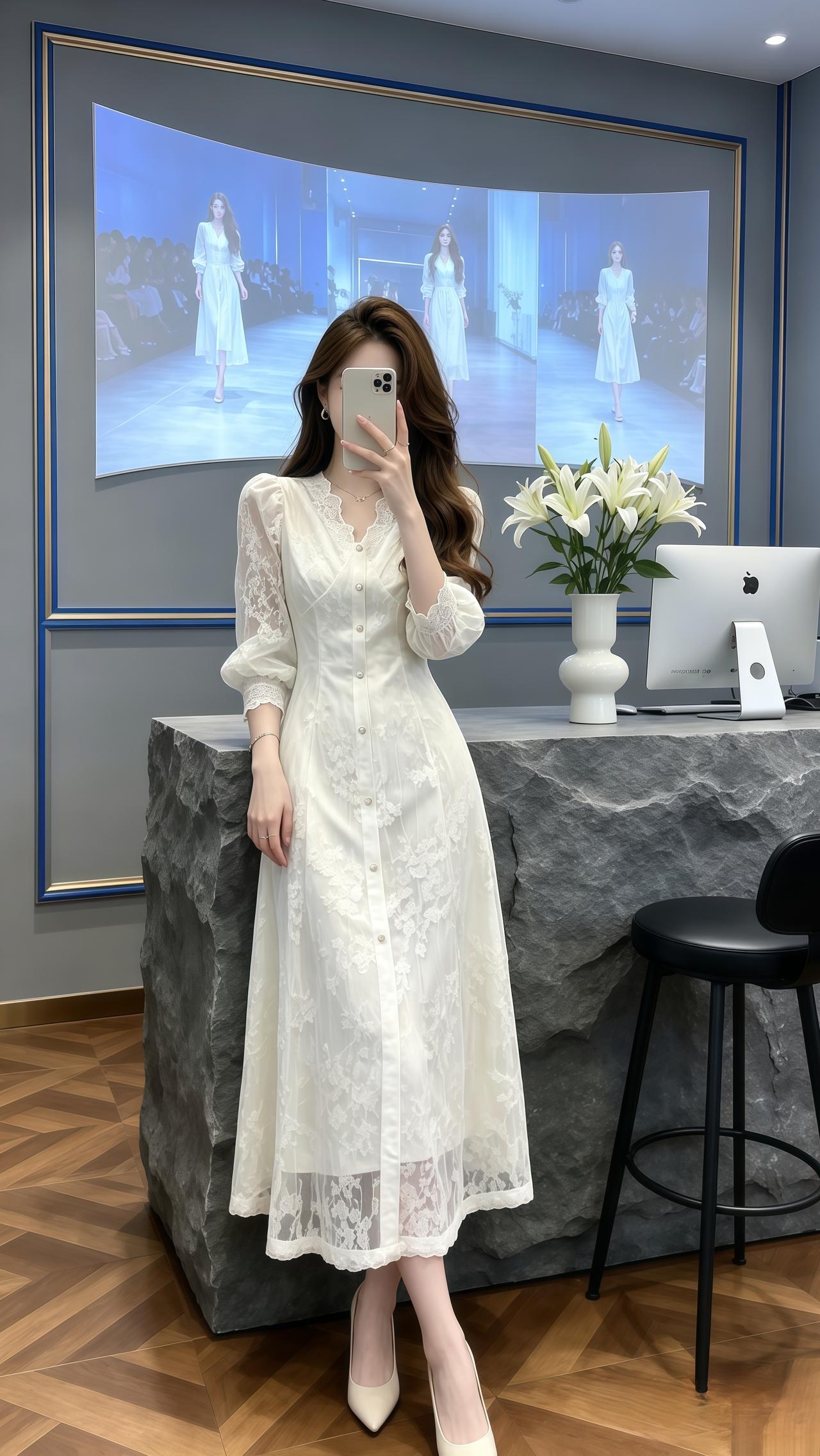 法式时尚轻奢蕾丝连衣裙 气质蕾丝连衣裙 高级感蕾丝连衣裙 穿搭韩系穿搭