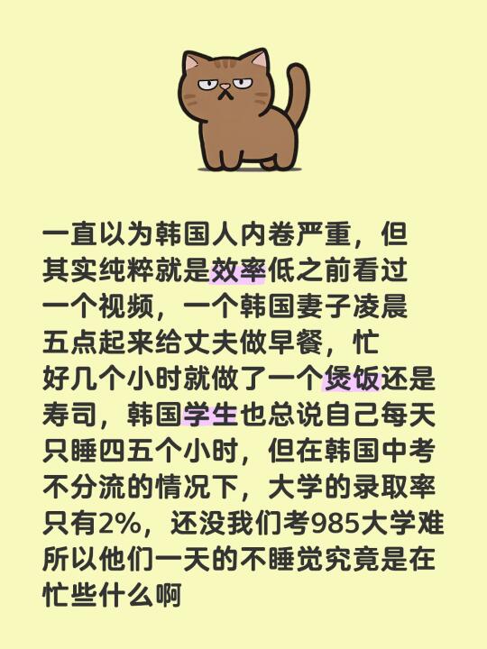一直以为韩国人内卷严重，但其实纯粹就是效率低之前看过一个视频，一个韩国...