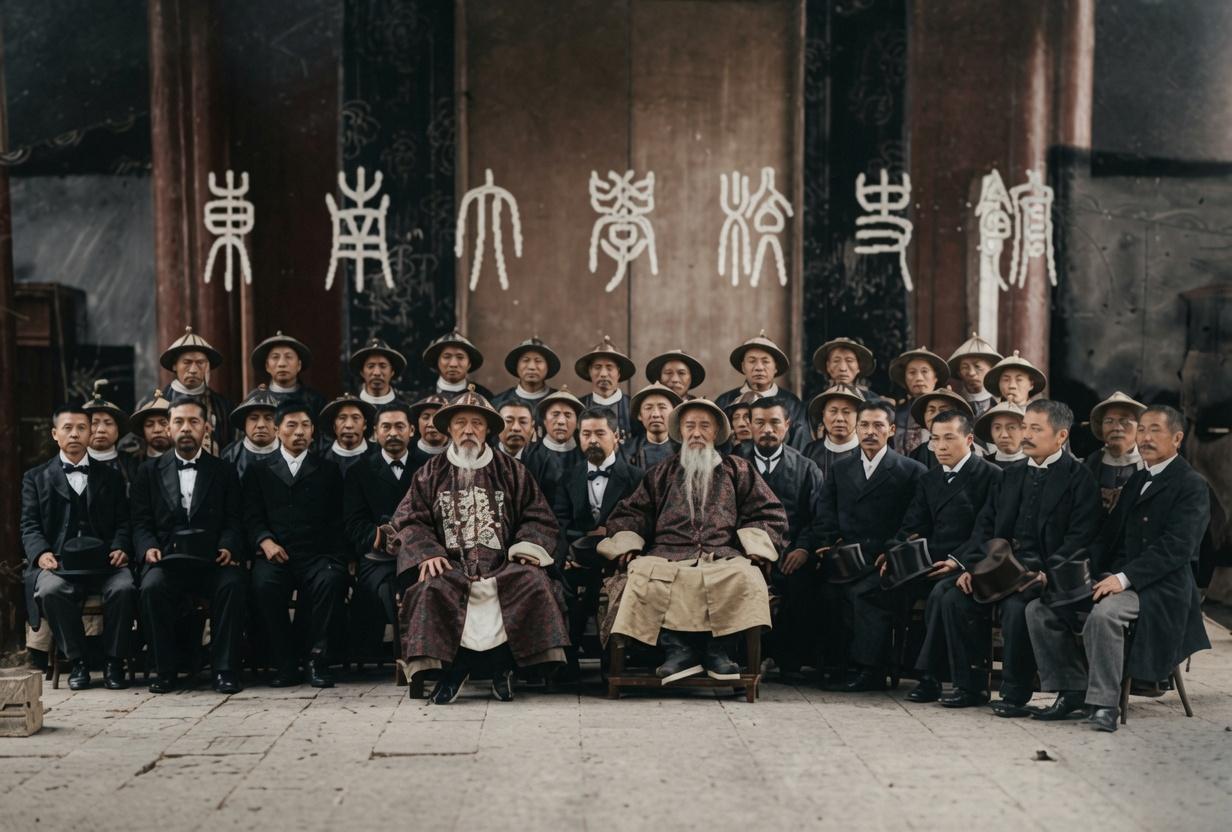 1903年，三江师范学堂成立时的创办团队合影。照片中人物众多，分列前后三排，镜头