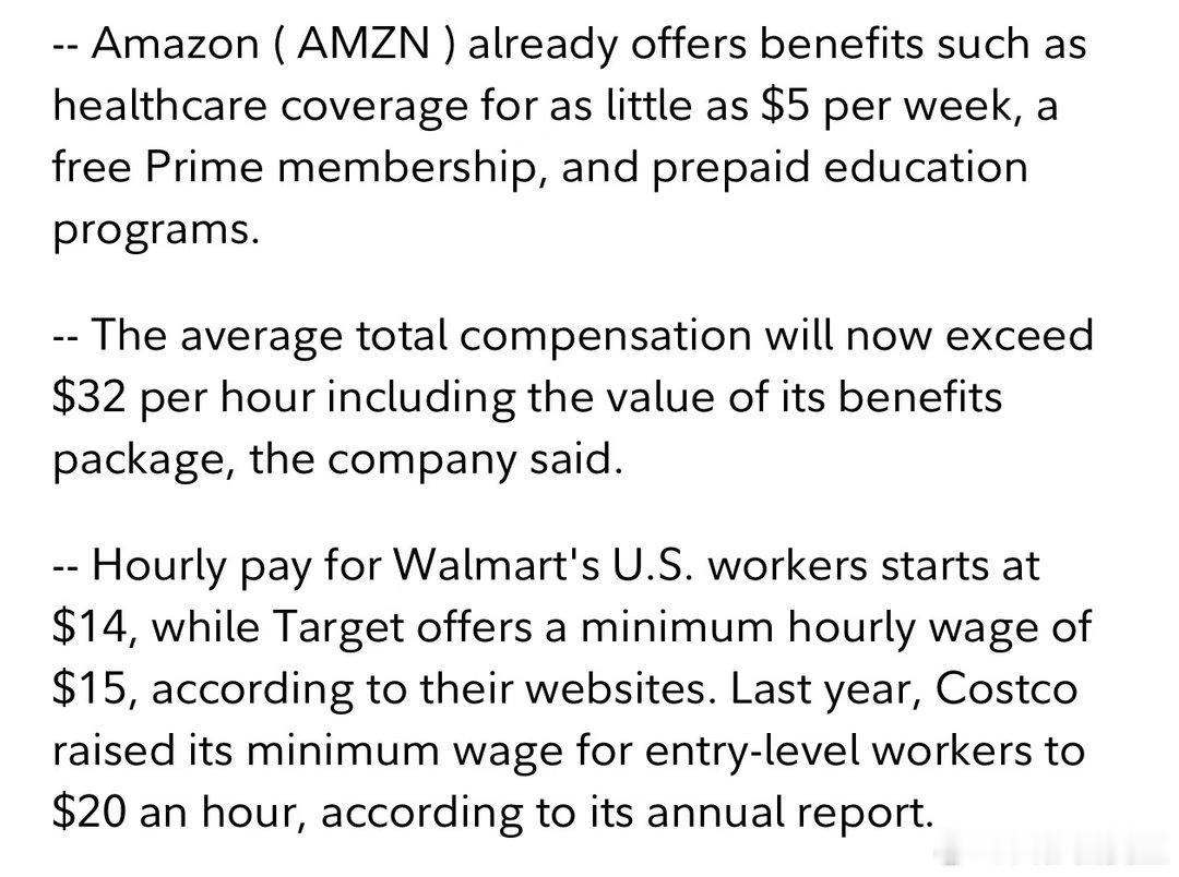 Amazon美国员工最低时薪涨到$20加上医保等福利，平均每小时$32零售业务主