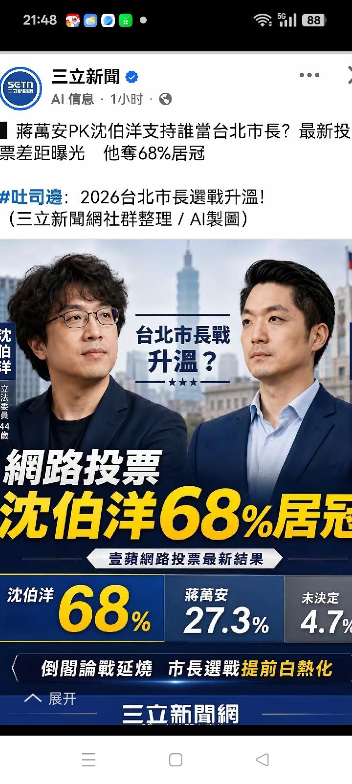 沈伯洋参加台北市长选举，他有什么资格？
台独分子民调不可信，我都怀疑这是作弊。