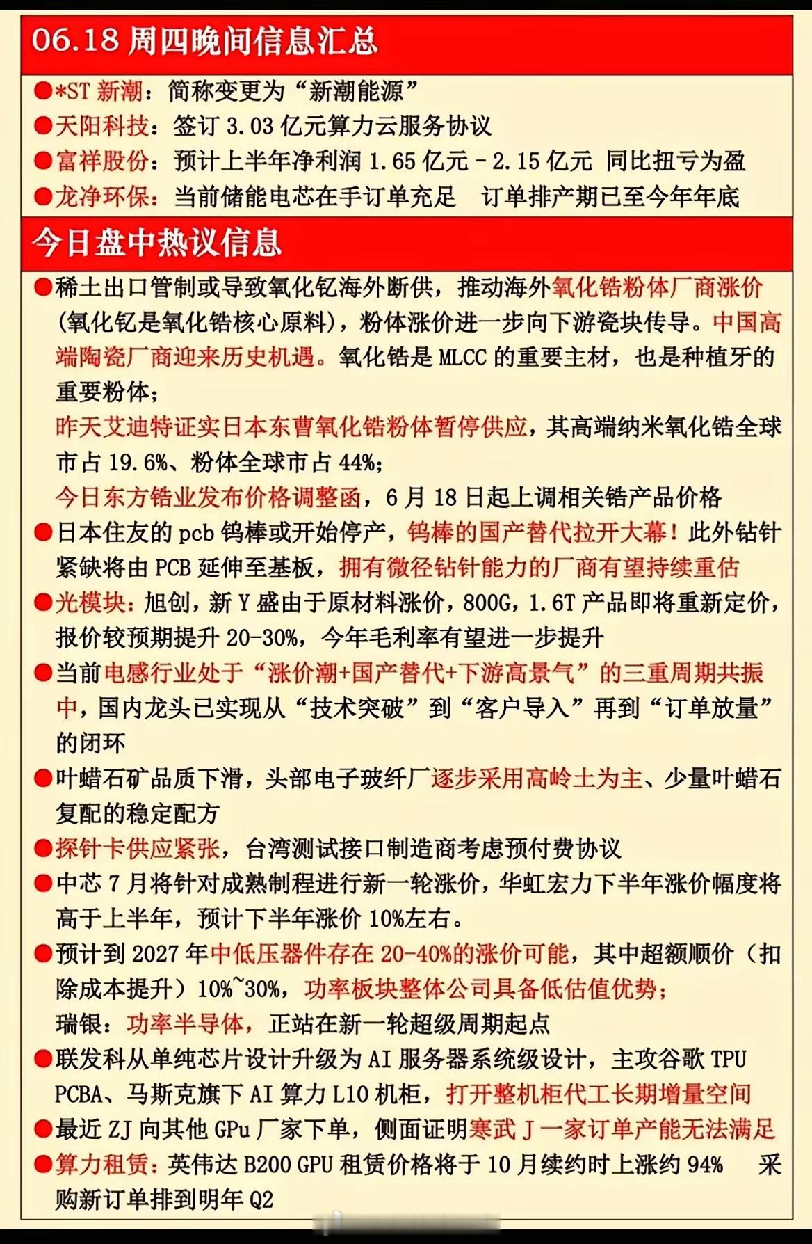 6月18日晚间一手消息整理！多个赛道迎来涨价利好！1. 锆材料逻辑彻底引爆：海外