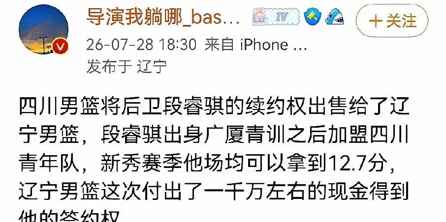 小刘总千万现金交易拿下潜力后卫！段睿骐加盟辽宁，四川套现送走本土得分王，广厦青训