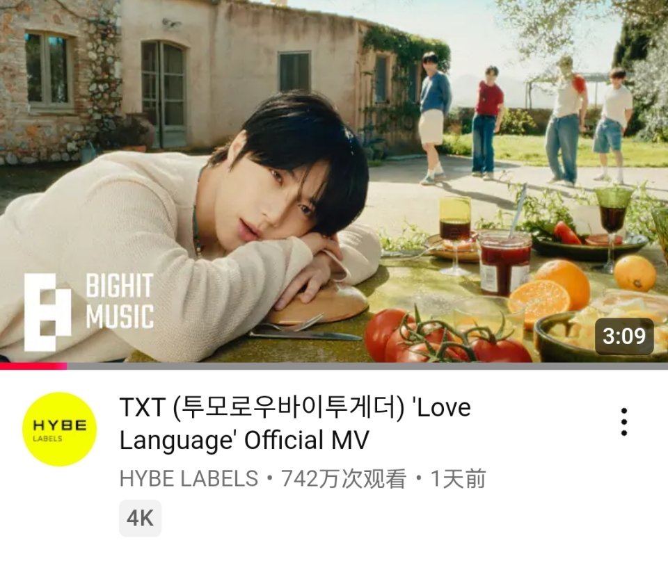 TXT《Love Language》YouTube首日播放量 742万，点赞35