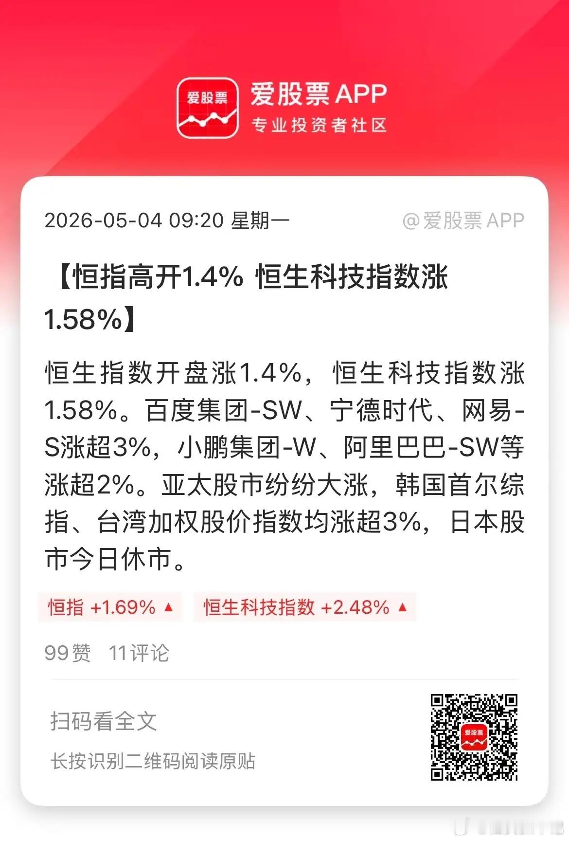 A股五一长假的首个交易日，港股大涨，韩股大涨，台湾股市大涨！还是熟悉的节奏啊，我