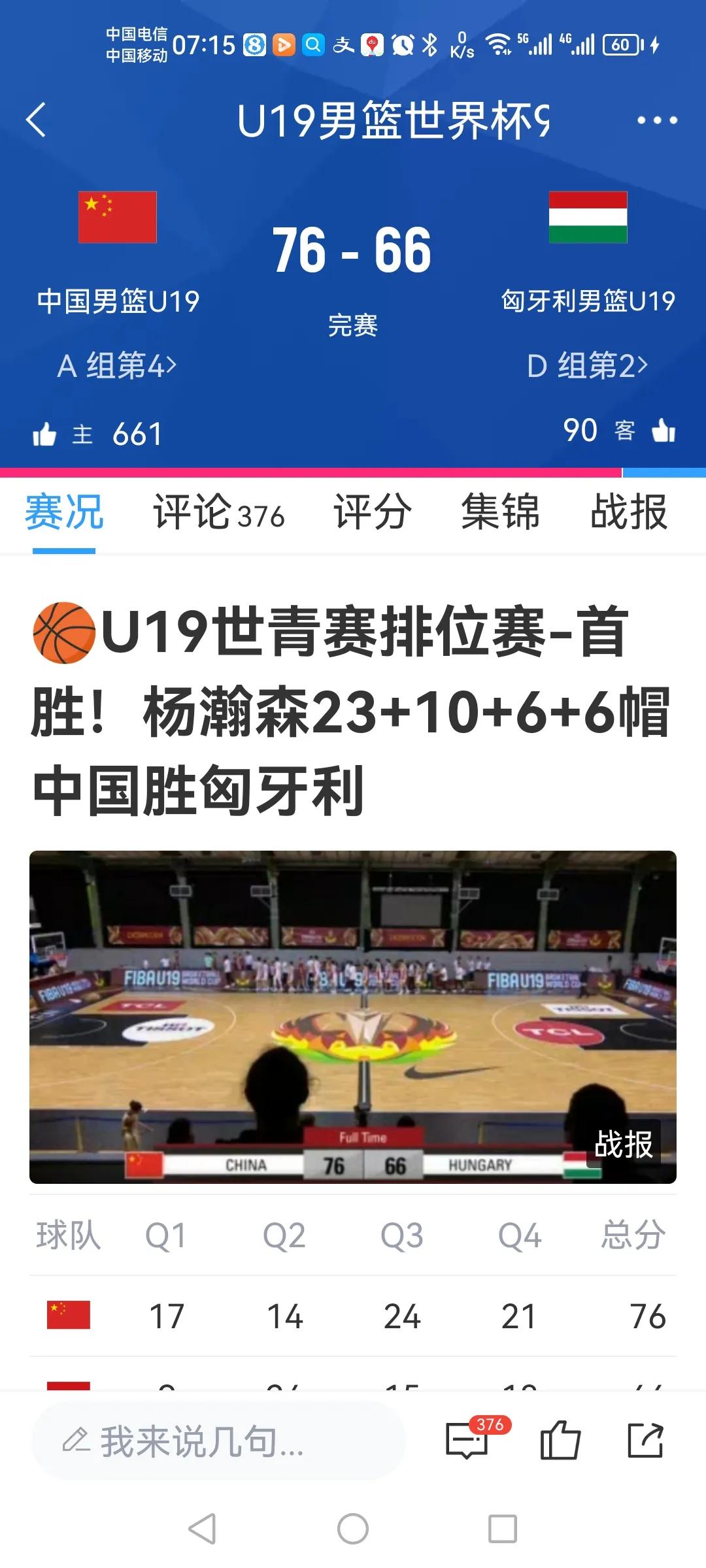 U19男篮首胜！[鼓掌][鼓掌][鼓掌][赞][赞][赞]
中国男篮胜匈牙利！
