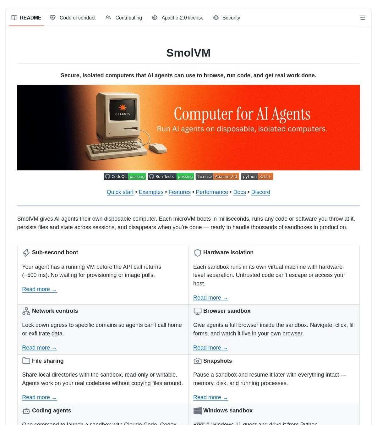 SmolVM :开源的虚拟机级AI Agent沙箱
SmolVM 是一套开源沙箱