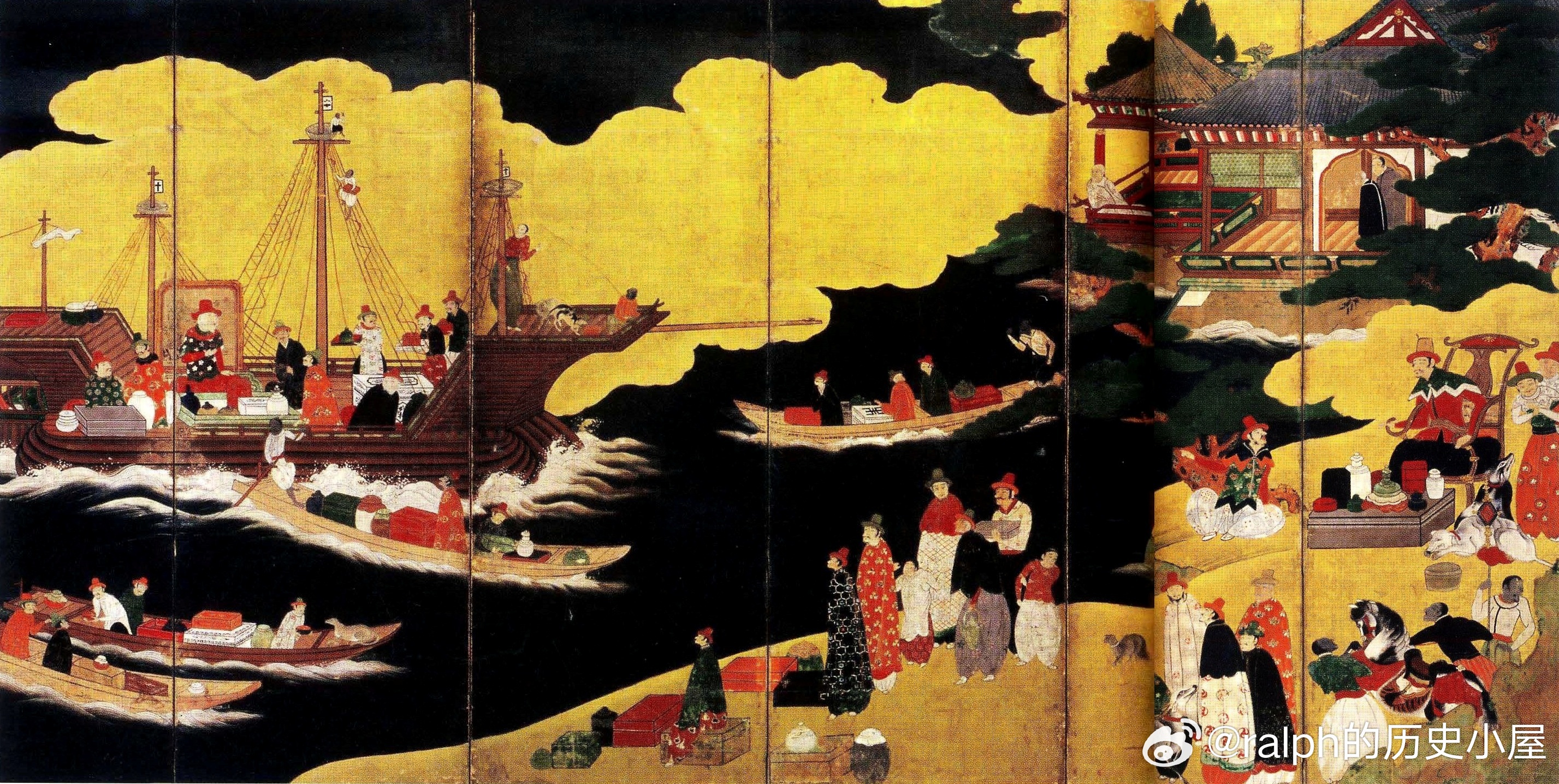 17世纪的南蛮屏风，描绘葡萄牙船抵达日本的情形。葡萄牙商船抵达日本时，最初曾停泊