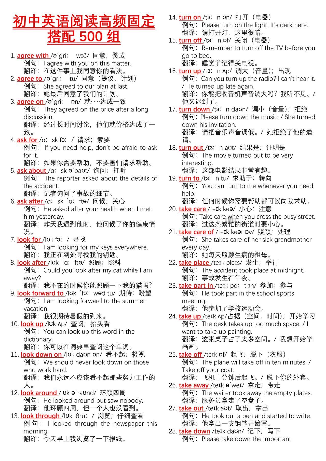 中考英语阅读高频固定搭配。学好英语最简单高效的方法不是背单词而是背句子。中考英语