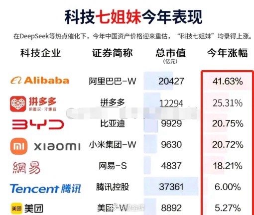 看到有人吹中国的科技“七姐妹”，分别是腾讯（市值4.36万亿）、阿里巴巴（2.3