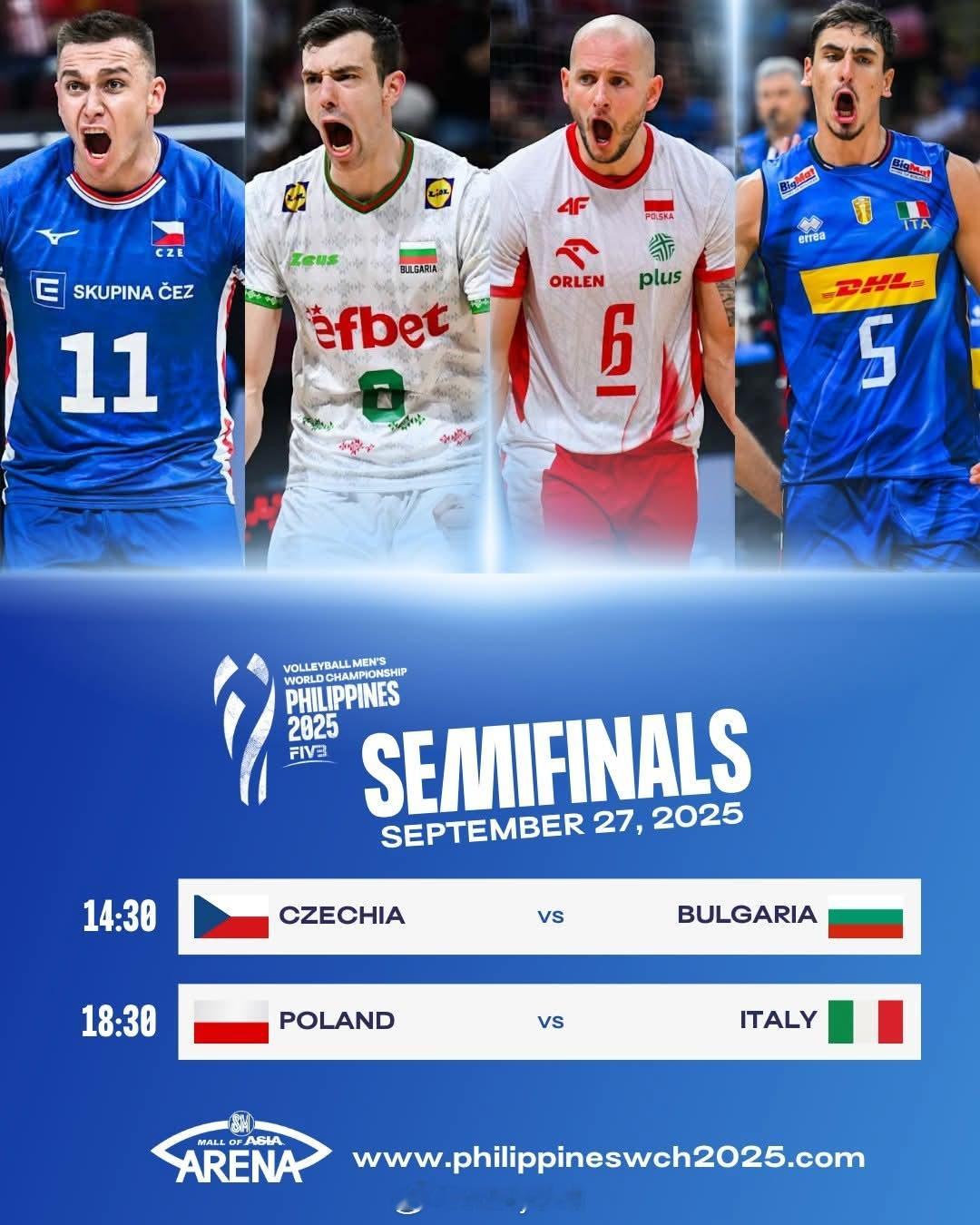 2025年男排世锦赛半决赛今日赛程安排14：30  🇨🇿捷克 vs 保加利亚