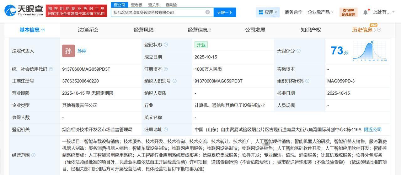 汉鑫科技等成立具身智能科技公司注册资本1000万
天眼查工商信息显示，近日，烟台