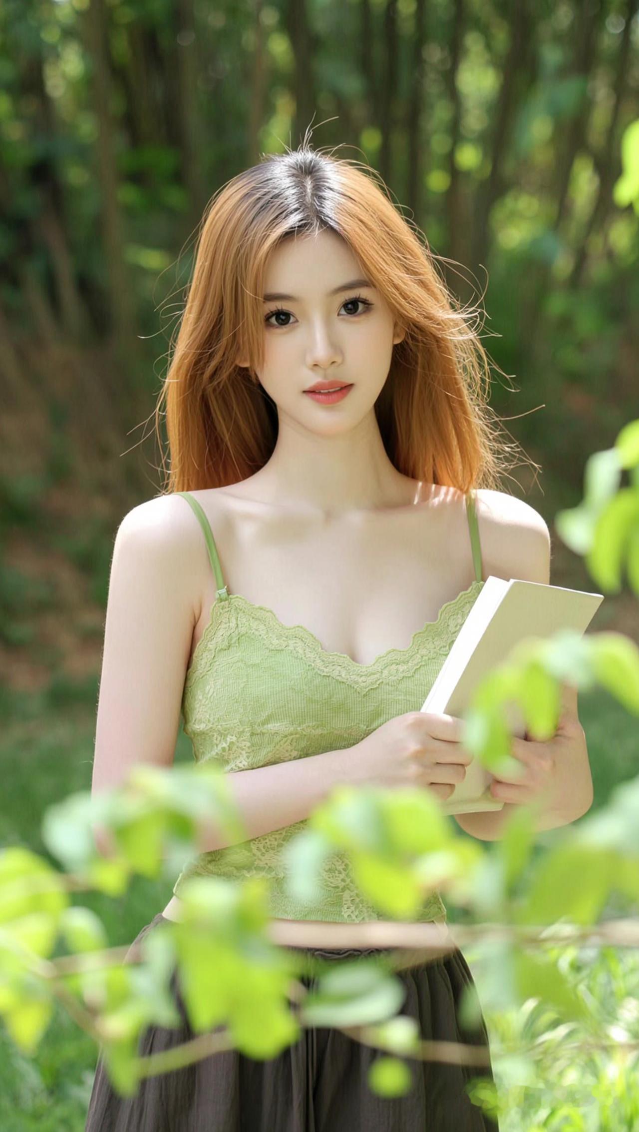 森林中的清新少女，手持书本，自然气息扑面而来。