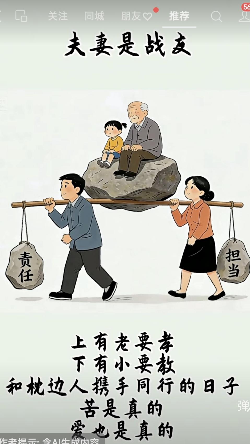 塞鸿秋·夫妻战友
同挑重担肩相傍，
上慈下教心同向。
苦日子里情滚烫，
甜滋味里