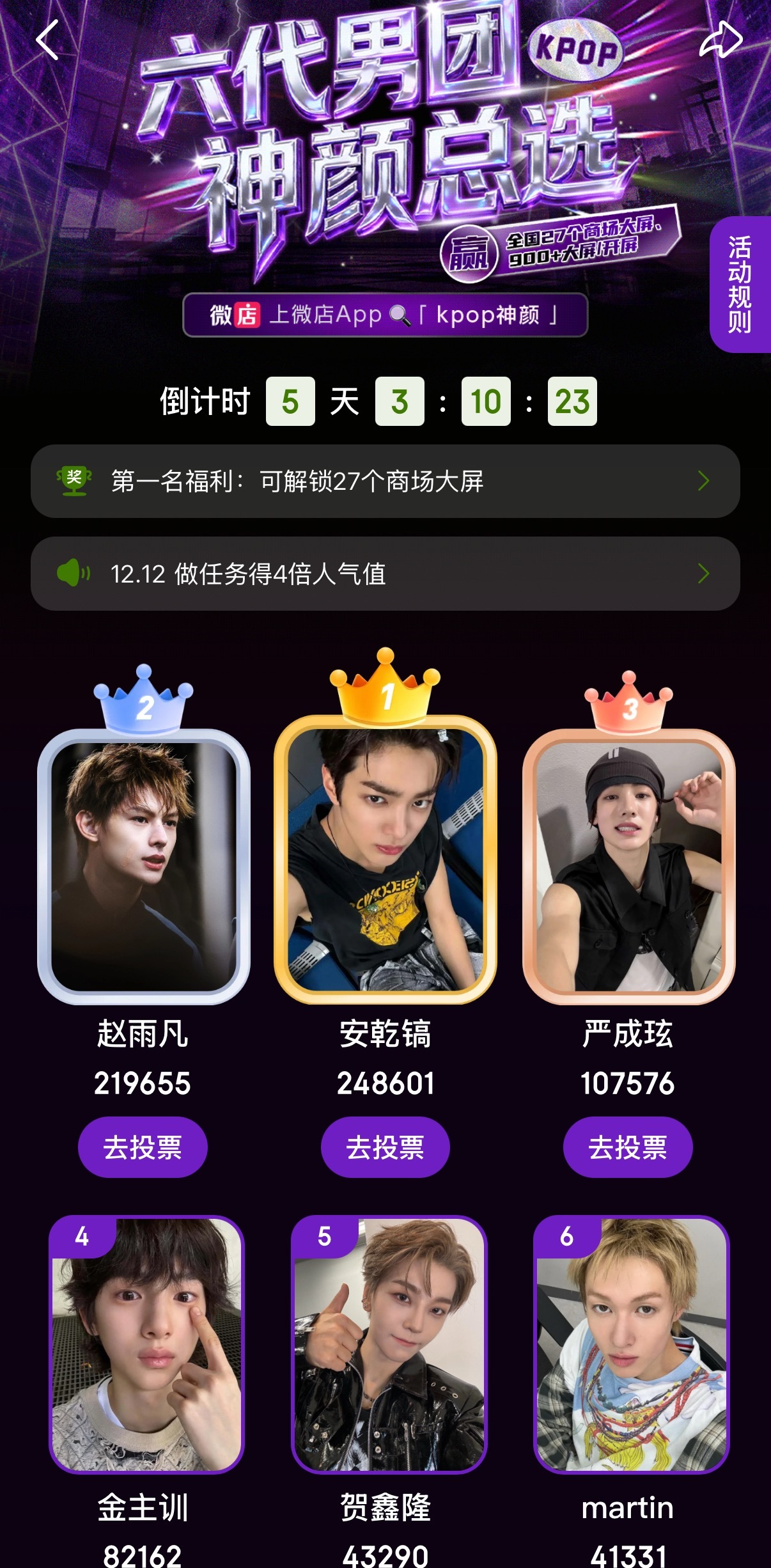 六代男团神颜总选 应援大屏活动目前票数排名1️⃣安乾镐2️⃣赵雨凡3️⃣严成玹4
