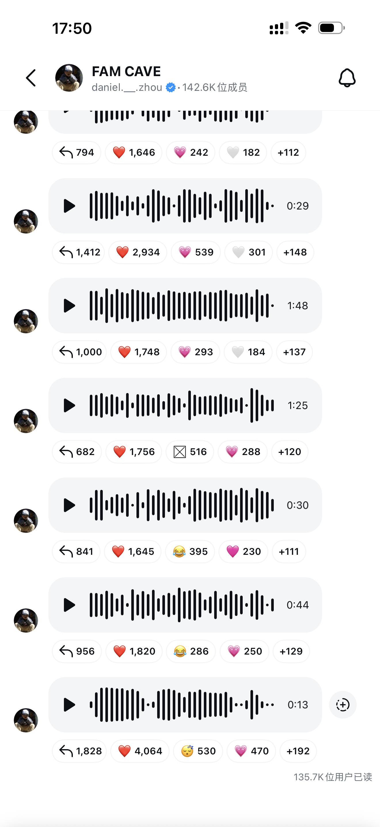 成员142.6k，最后一条语音已读人数135.7k这个fam cave的活人数也