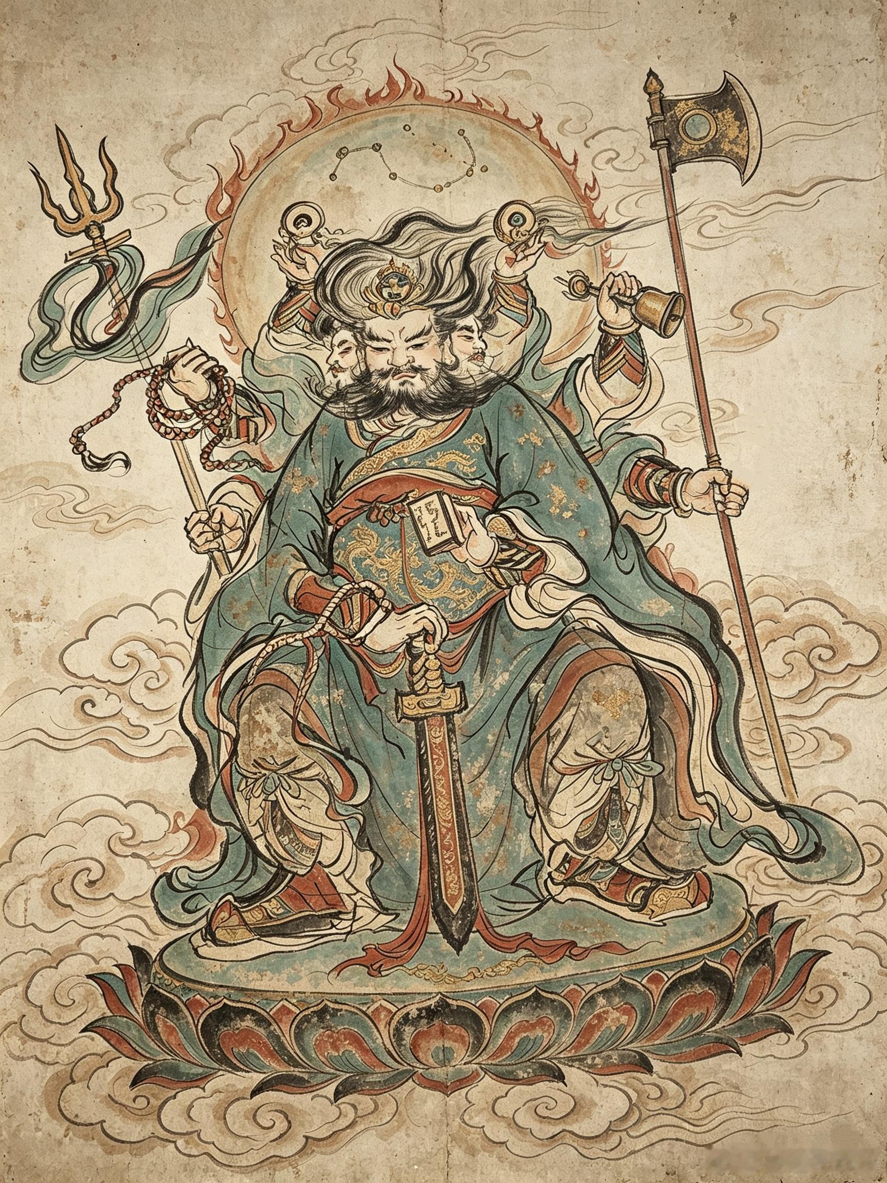 根据我个人修持天蓬神咒存思的天蓬元帅法相，自己画了个初稿，让AI按指令给加强一下