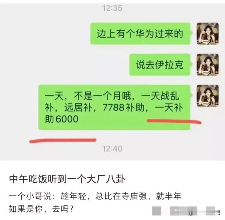 传说华为派驻伊拉克，一天光补助就发6000块！就去半年，如果是你，你去吗？网友：