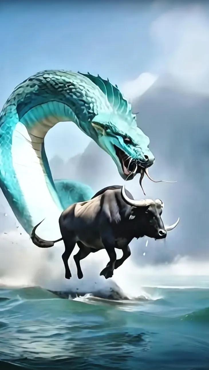 龙腾云海间，牛跃波涛上。苍龙腾飞福海年 乾坤浩渺任翱翔