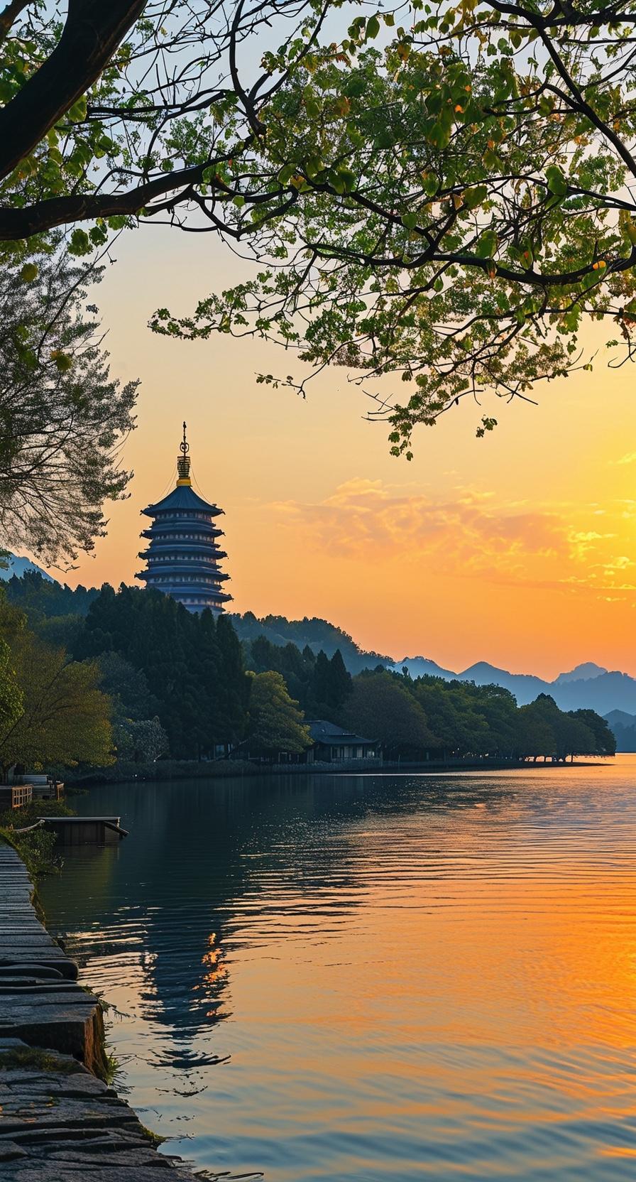 西湖雷峰塔，古塔名胜，传说丰富，风景秀丽，历史文化象征。