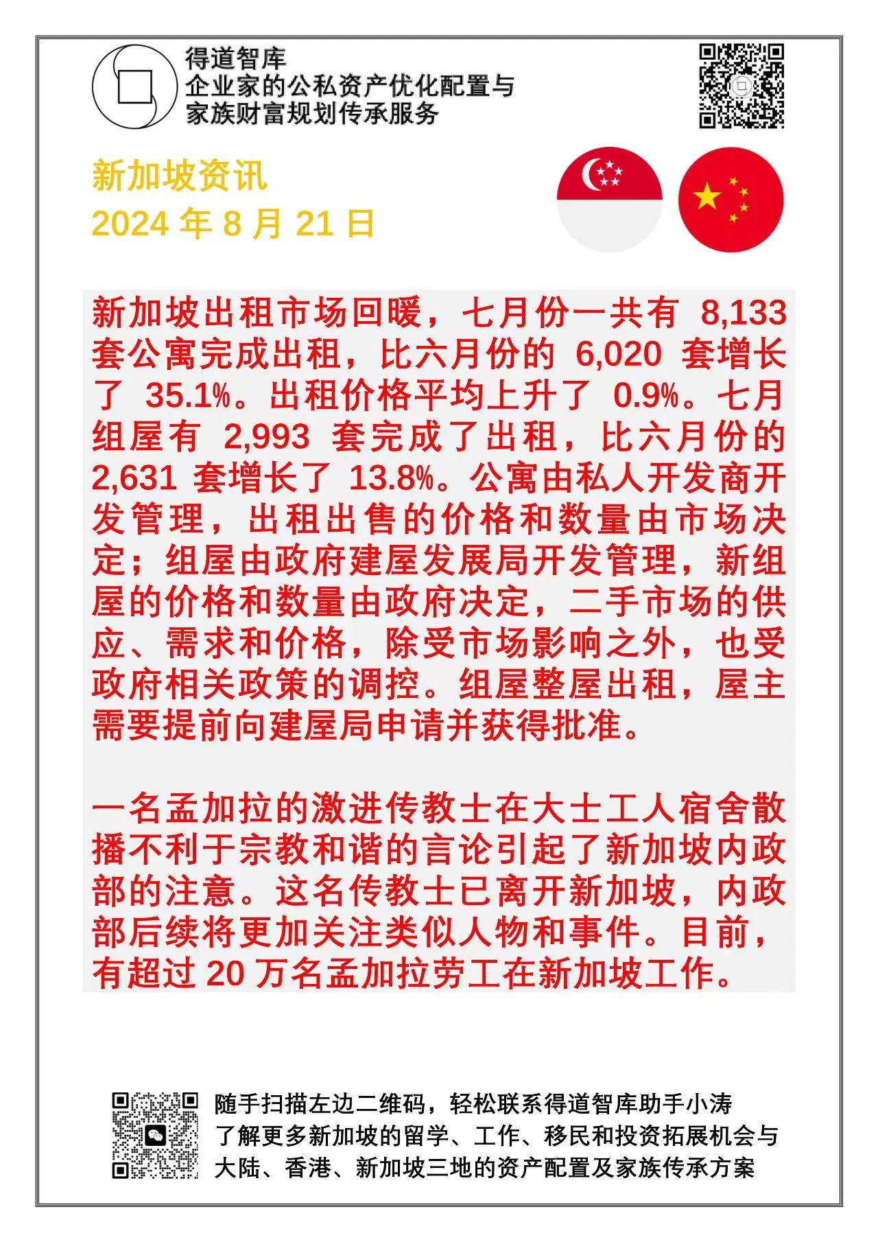 新加坡资讯20240821:
​新加坡租赁市场回暖
​
新加坡出租市场回暖，七月