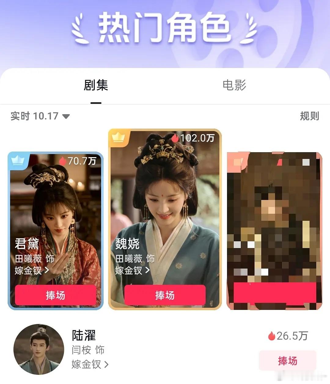 嫁金钗开播不到24h，抖音角色热度破百万，什么水平女二也70w了，前四占三 ​​