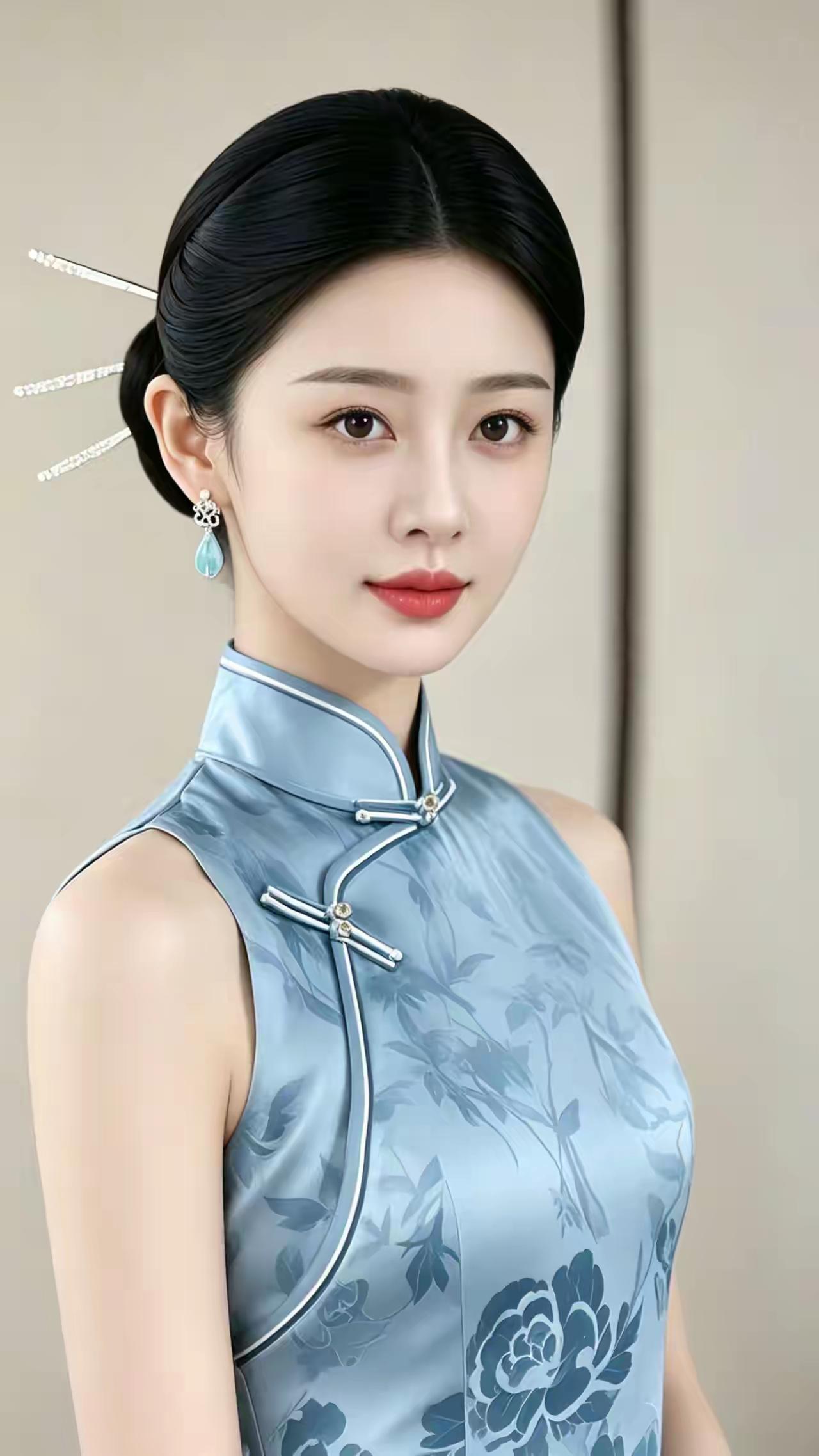 这位女士穿着旗袍，好漂亮啊！