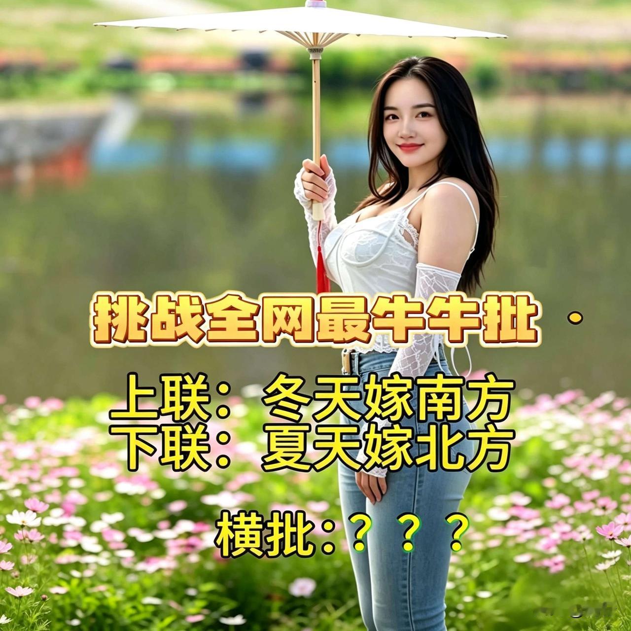 这对联绝了！
上联：冬天嫁南方，
下联：夏天嫁北方，
横批你能想出来吗？
反正我