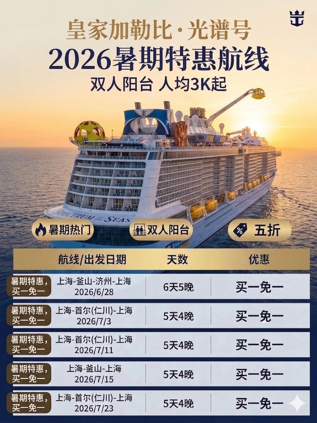 太狠了‼️亚洲游轮天花板暑期买1送1人均2K起