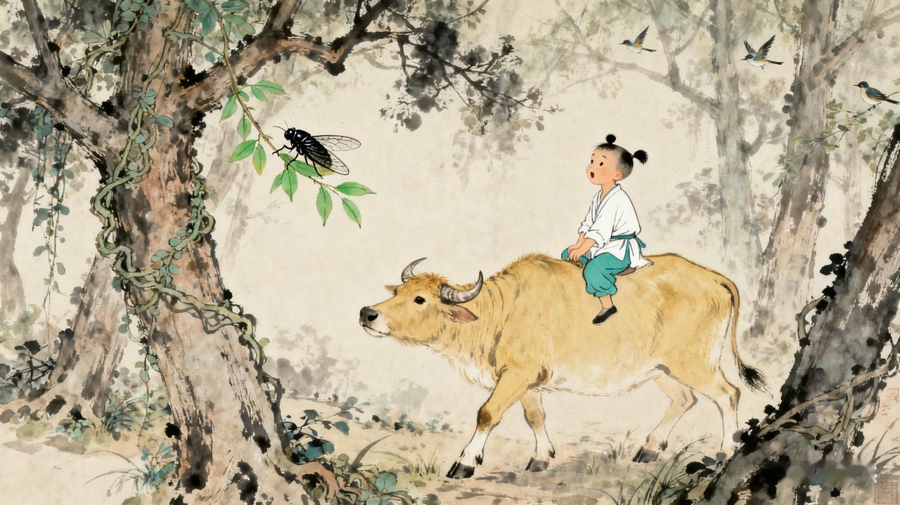 《所见》

朝代：清朝|作者：袁枚

牧童骑黄牛，歌声振林樾。
意欲捕鸣蝉，忽然