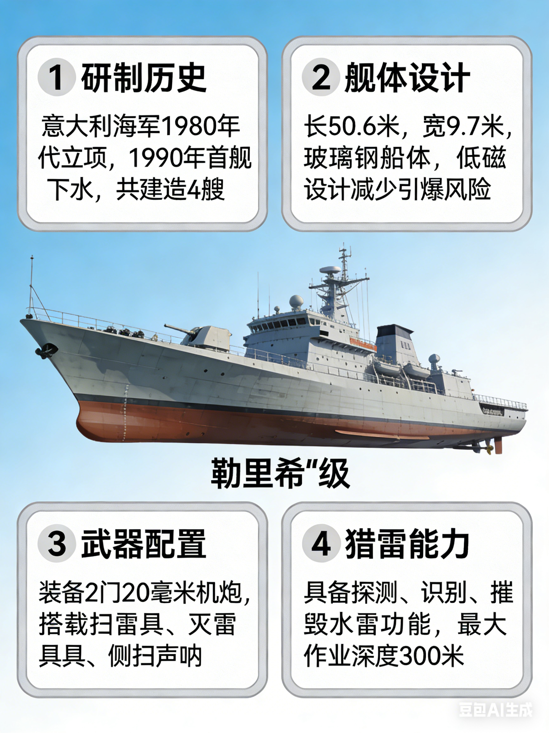 军事ai新视野  意大利“勒里希”级猎雷舰“勒里希”级猎雷舰是意大利于20世纪8