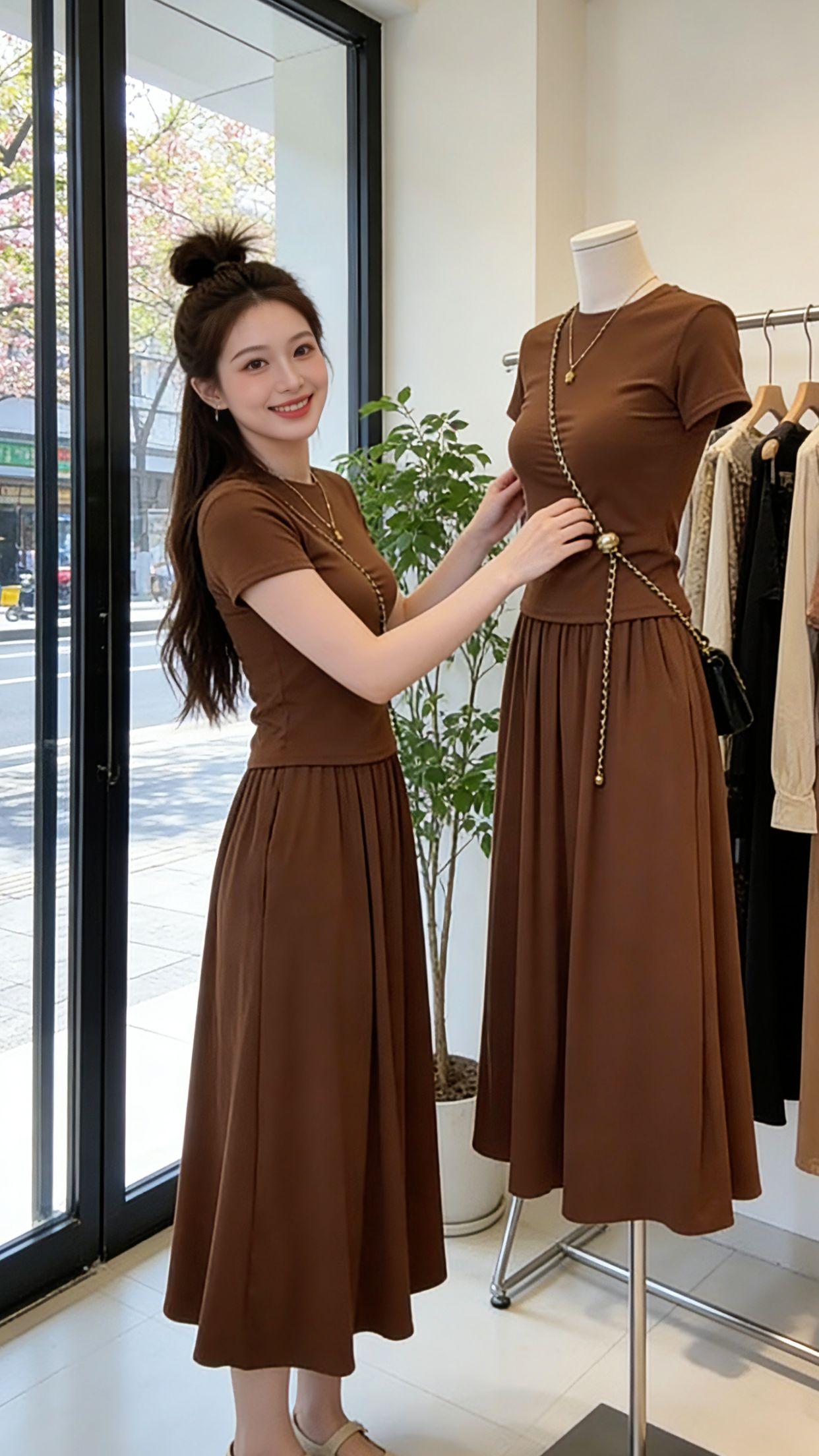 谁懂啊！这套棕色两件套真的太懂女生了！修身短款T恤贴合身形不紧绷，垂坠感大摆半身