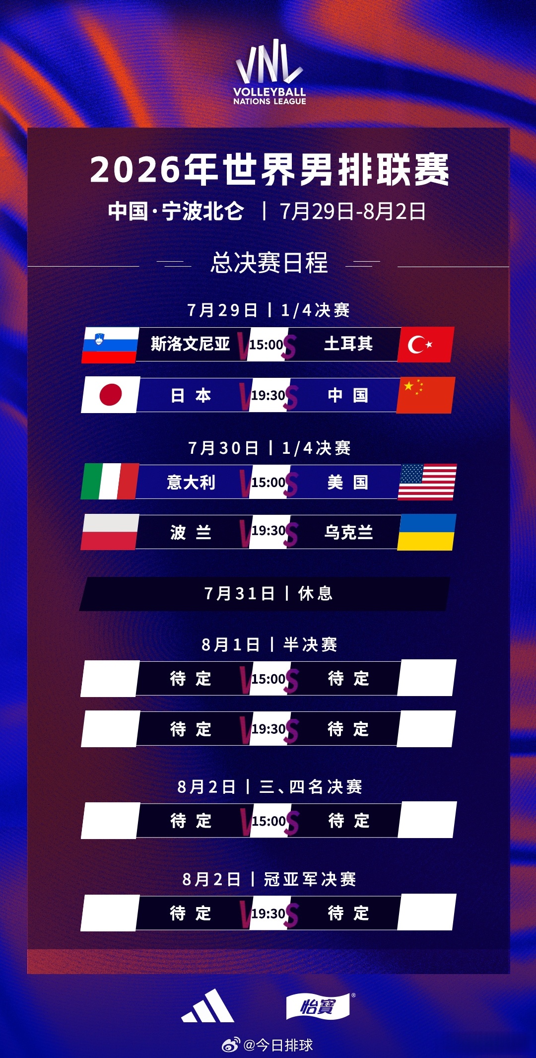 2026世界男排联赛 总决赛竞赛日程（北京时间）：四分之一决赛——7月29日（三