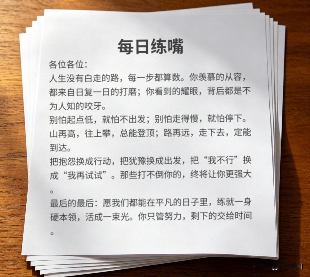 每日练嘴
 
各位各位：
人生没有白走的路，每一步都算数。你羡慕的从容，都来自日